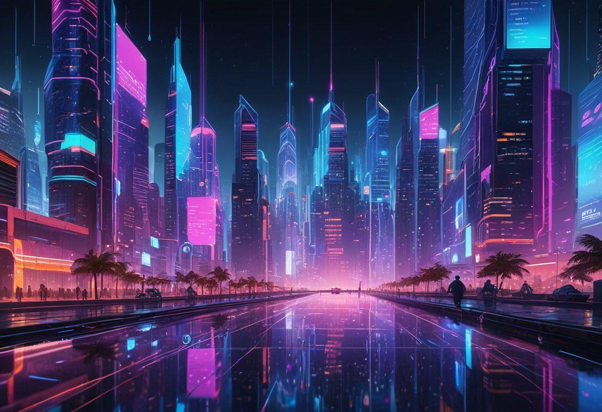 A futuristic digital landscape showcasing a vibrant city skyline, with data streams and glowing proxies connecting users in a network of invisible shields, symbolizing online privacy protection. Include elements like padlocks, circuit patterns, and flowing data visuals in a dynamic composition. super-realistic. vibrant colors. cyberpunk.