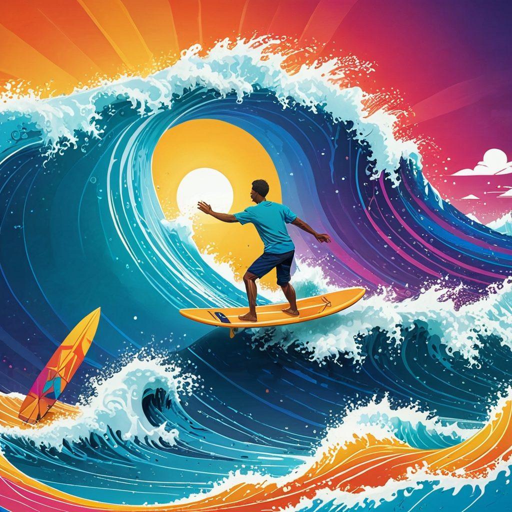 A whimsical illustration of a person surfing on a giant digital wave made of binary code, surrounded by colorful shields and locks representing security and anonymity. Bright, cheerful colors should evoke a sense of freedom and exploration in a tech-savvy world. Include elements like a smiling sun and playful icons of devices (laptops, smartphones) surfing alongside. fantasy art style. vibrant colors.