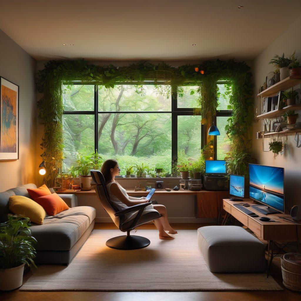 A person sitting comfortably in a cozy room, surrounded by tech gadgets, with a computer screen displaying a vibrant digital world. The image includes floating colorful locks representing security and anonymity, and hints of a serene nature scene outside the window, symbolizing freedom. Warm lighting creates a welcoming atmosphere, echoing the joy of secure browsing. super-realistic. vibrant colors. cozy setting.